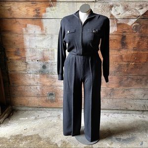 St. John Black Knit Jumpsuit with Breast Pockets, Golden Buttons, Zip Front